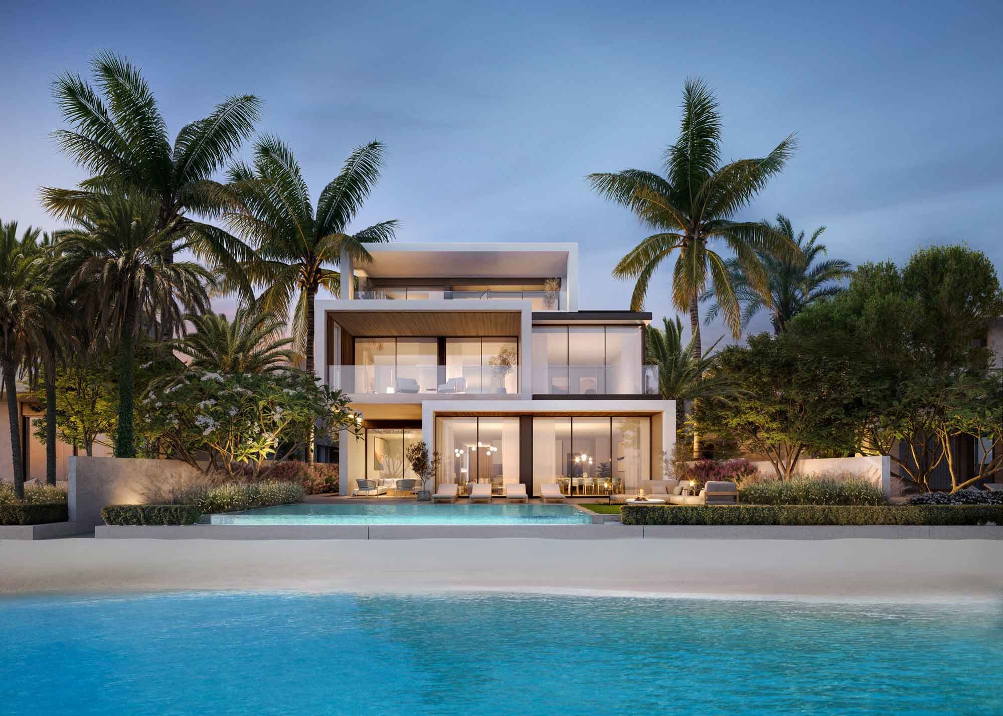 Palm Jebel Ali — beachfront villa at twilight